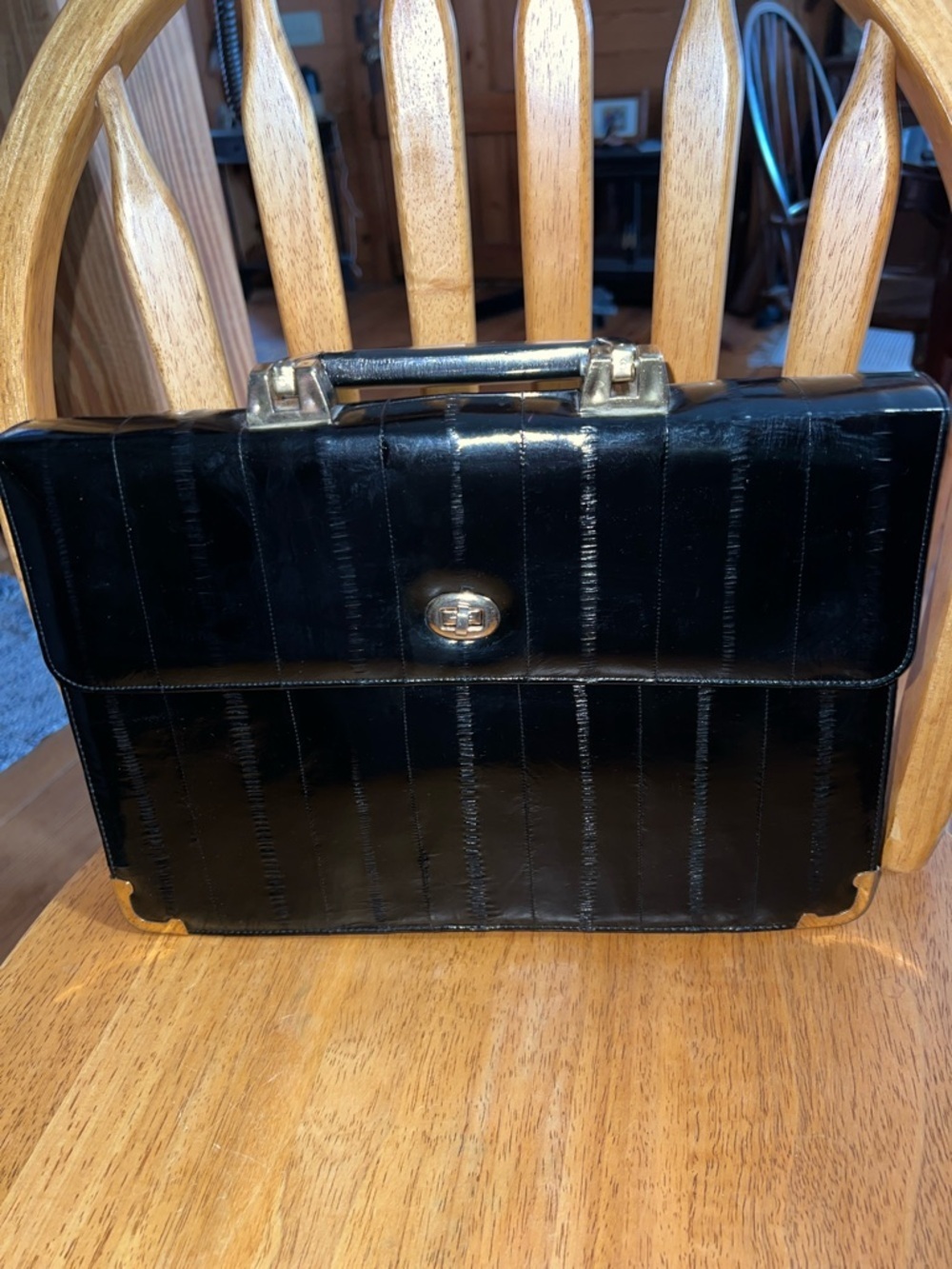 Vintage 70/80 Black Eel Leather Briefcase Document Purse Bag with Top Handle